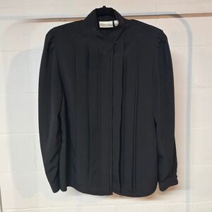 Vintage Christie Jill Solid Black Pleated Front V-Neck Blouse W 12 Satin Button